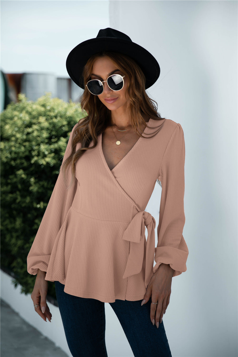 Ruffle Hem Wrap Knot Blouse