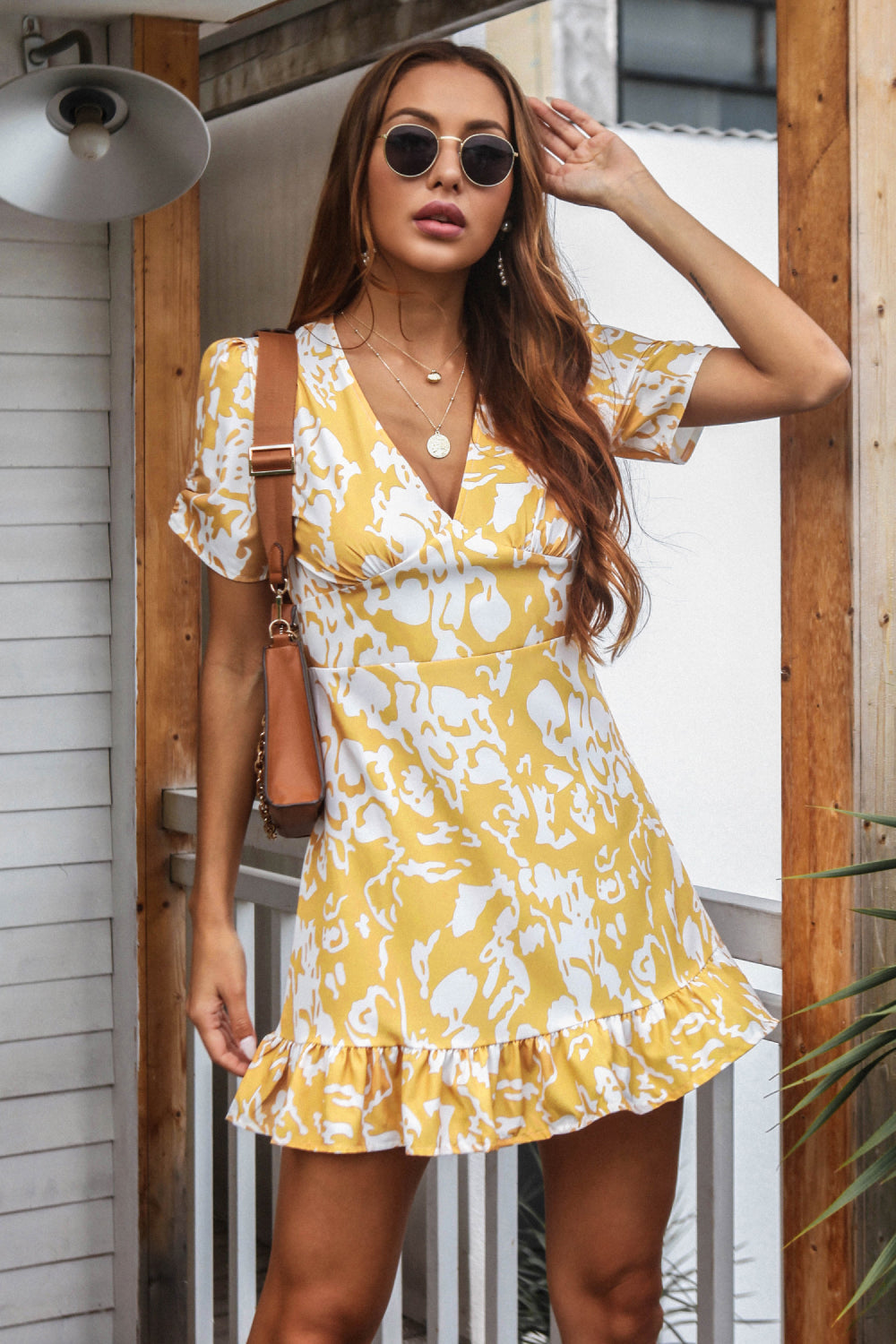 Printed Deep V Gathered Short Sleeve Mini Dress