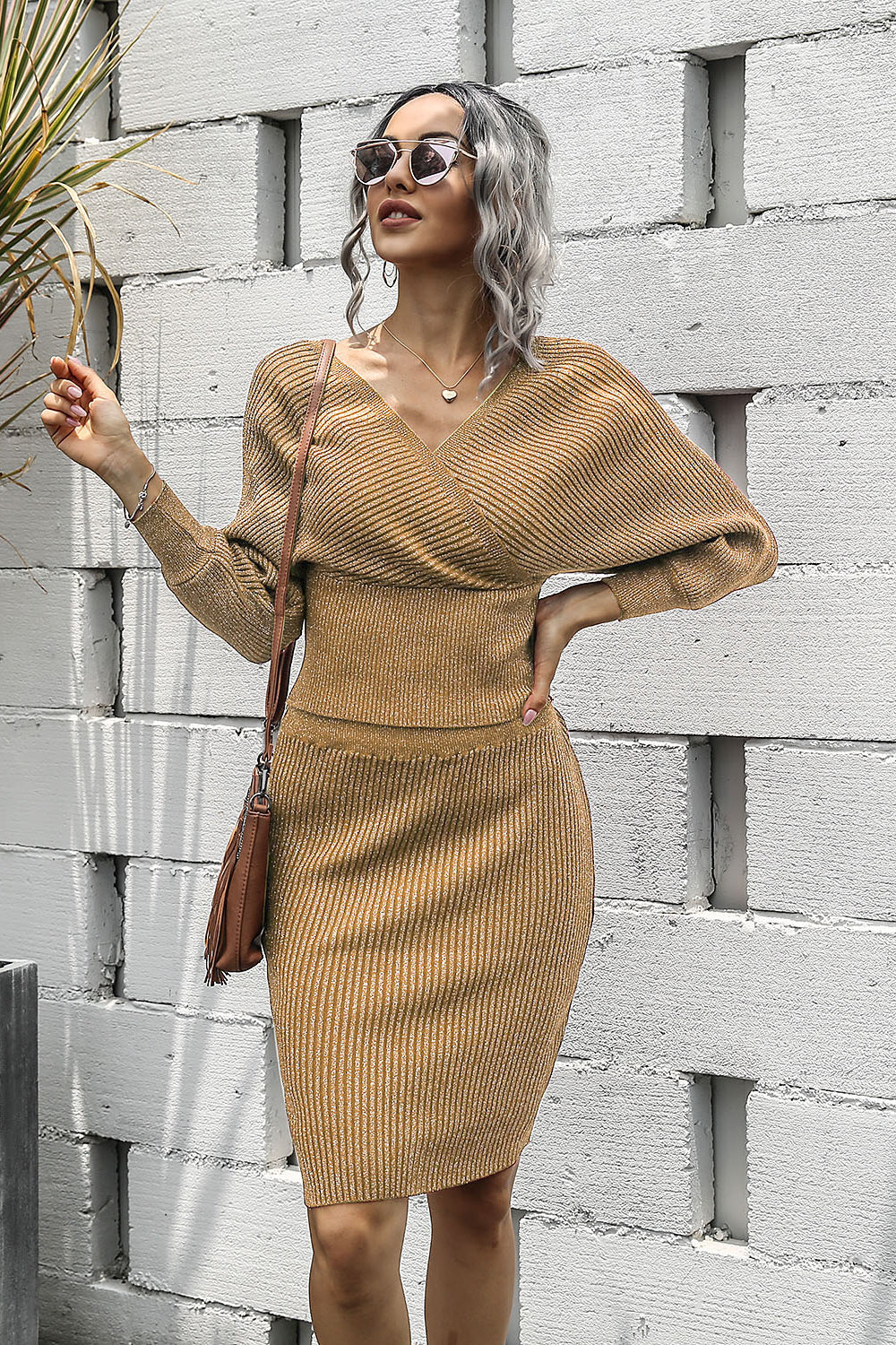 Terre Sleeve Rib-Knit Top and Skirt Set